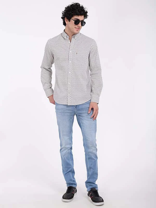 Indian Terrain Men's Regular Fit Full Sleeve Floral Print Off White Shirt